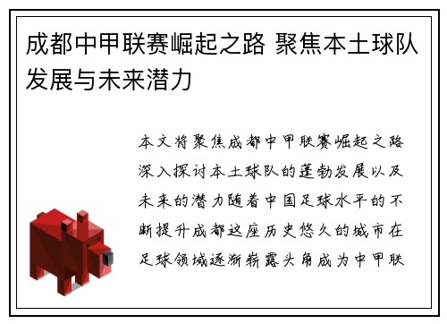 成都中甲联赛崛起之路 聚焦本土球队发展与未来潜力